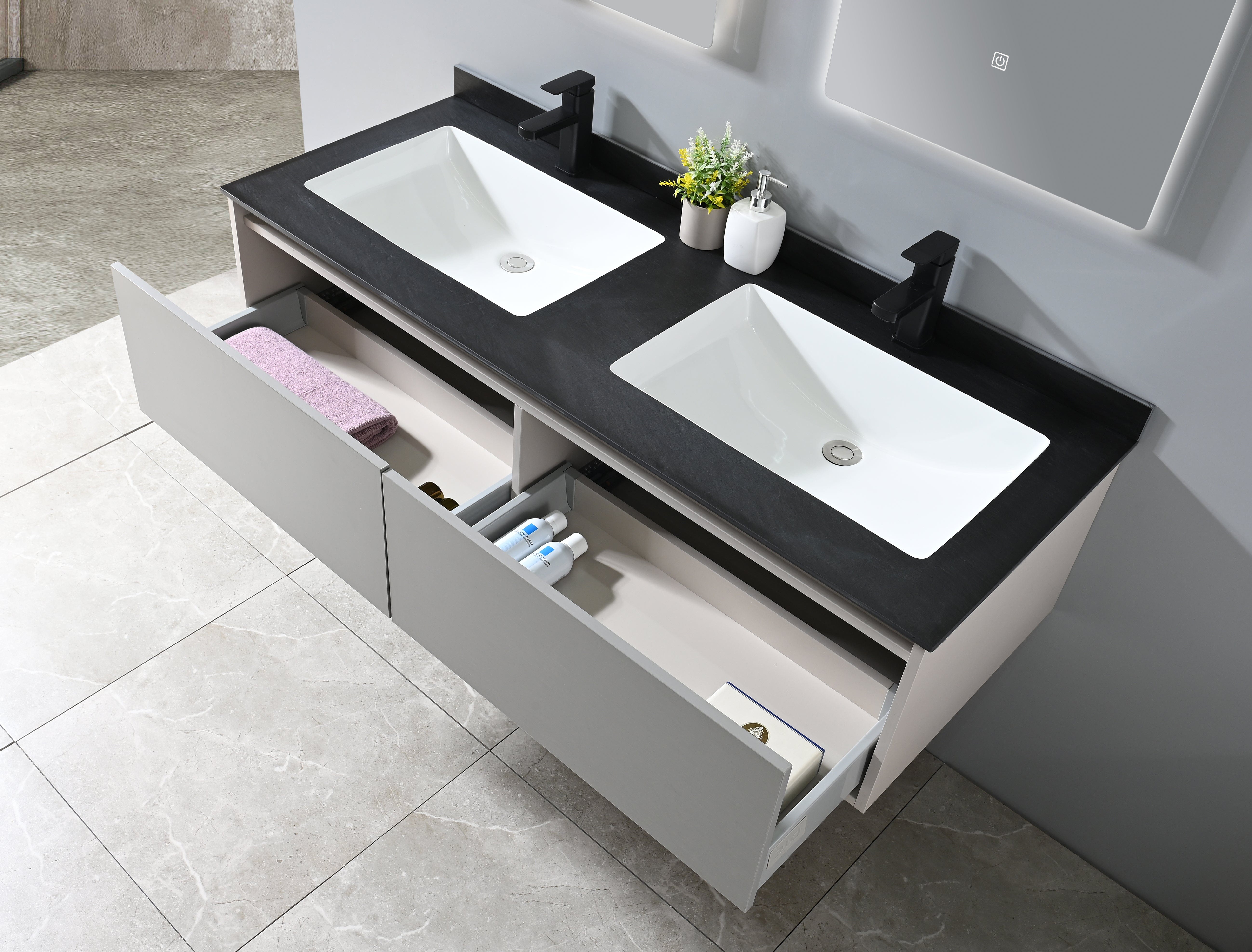 Auva Bath Ensemble Complet Eleganza 55": Double Bassin, Vanité, Deux Miroir LED